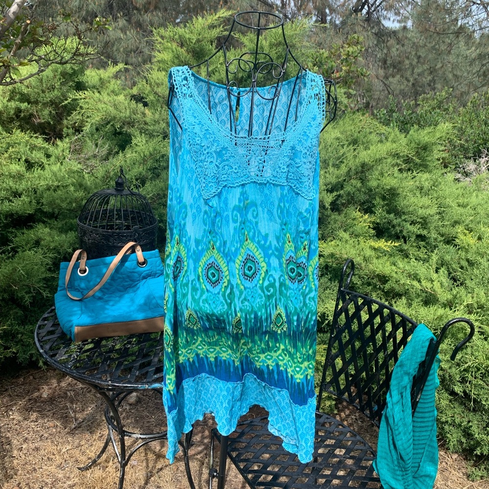 Bohemian Blue and Green Sleeveless Dress - Picture 1 of 7